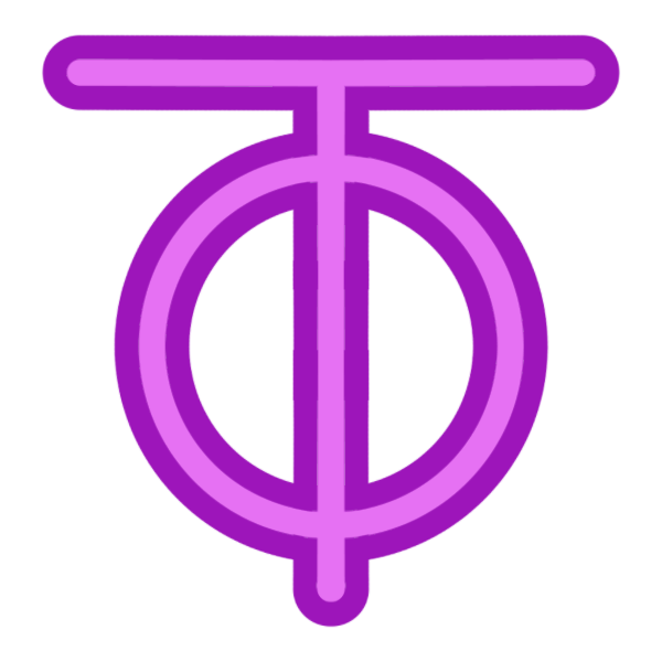 a glyph for the letter T in two toned magenta. It is a capital T shape with a circle drawn through it. 